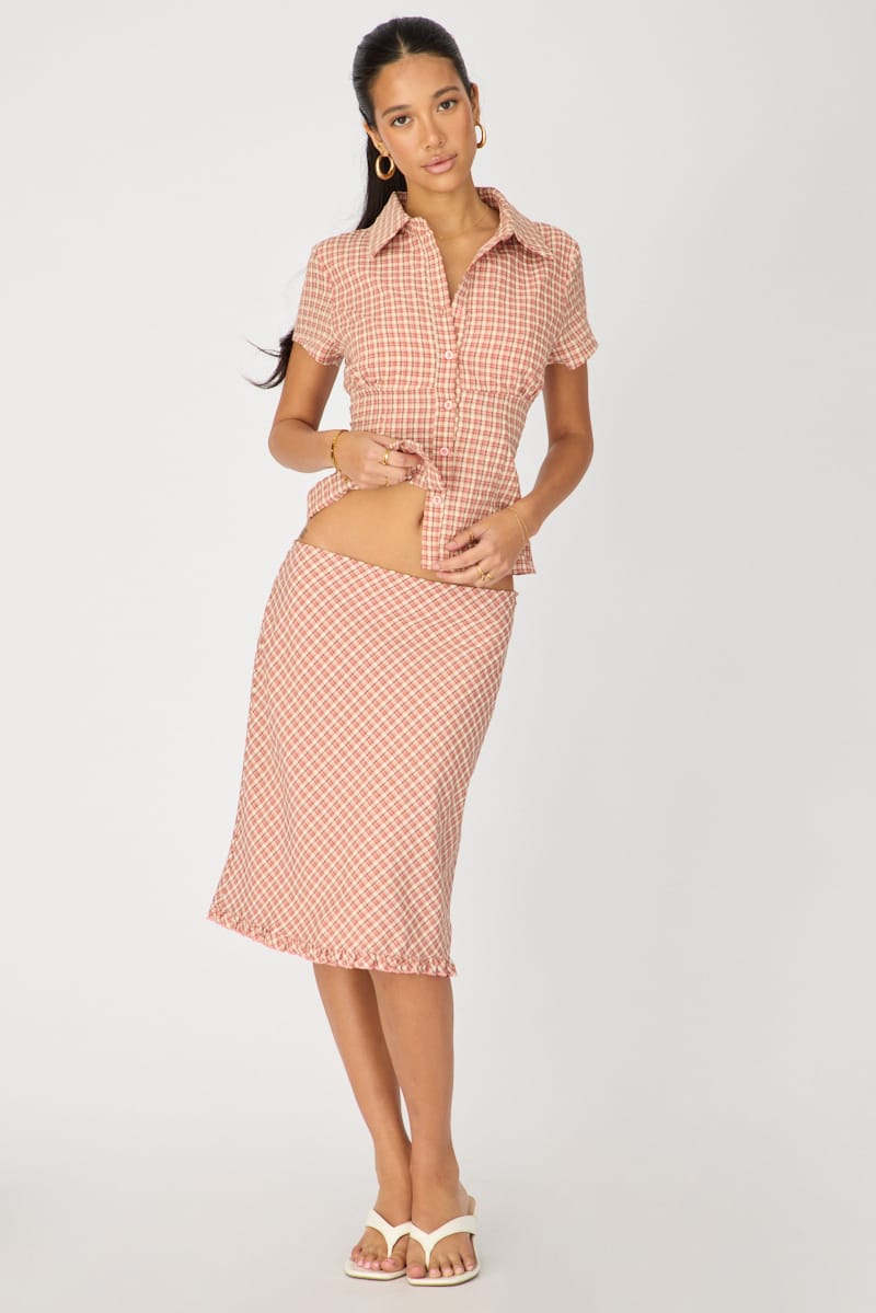 Pink Check Midi Skirt Mid Rise Ruffle Trim Lined