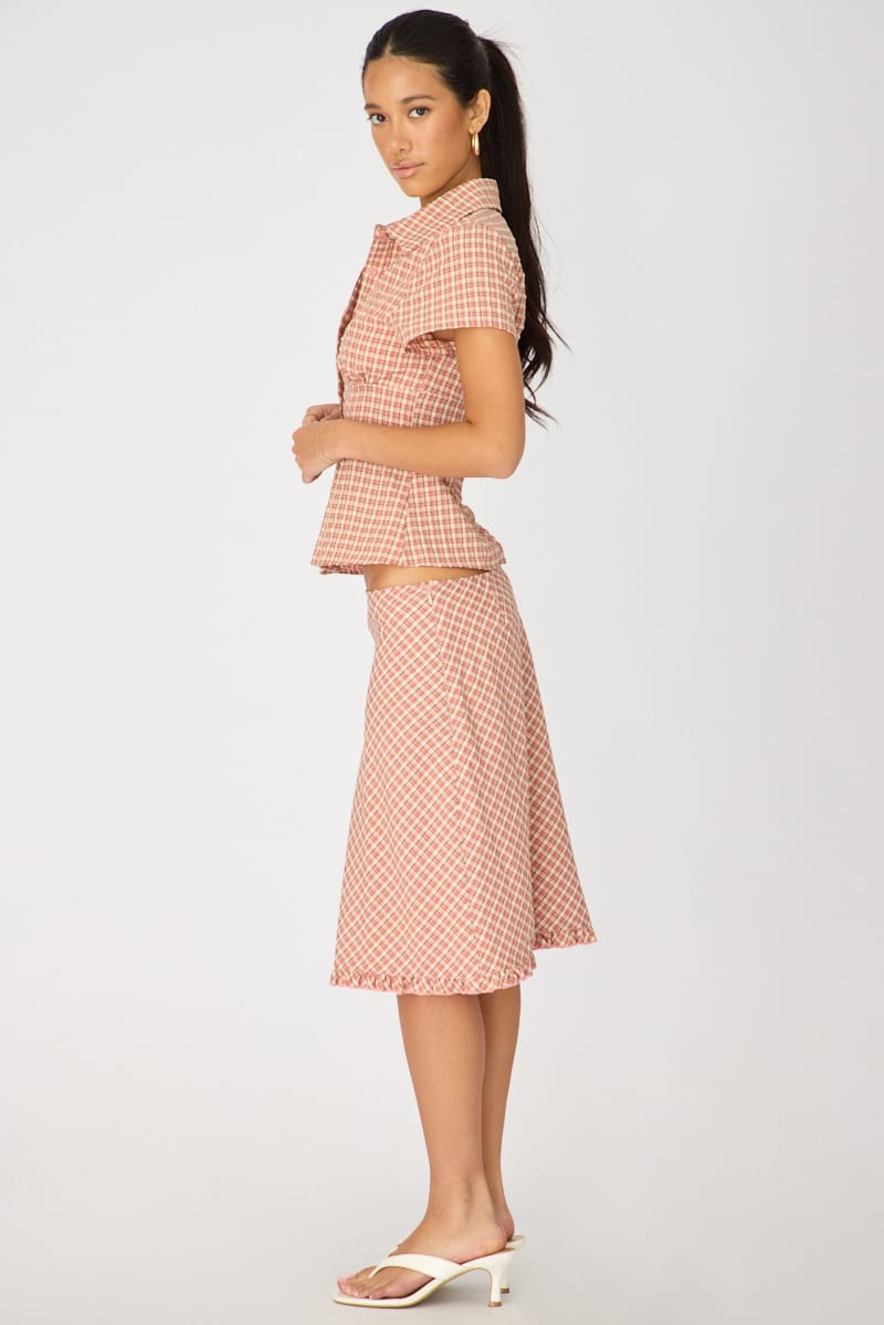 Pink Check Midi Skirt Mid Rise Ruffle Trim Lined