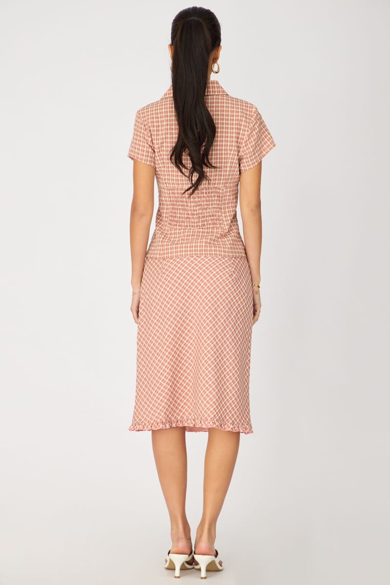 Pink Check Midi Skirt Mid Rise Ruffle Trim Lined