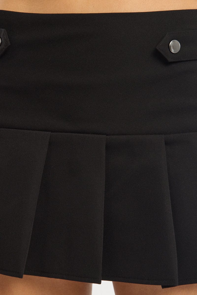 Black Mini Skort Skirt Knife Pleat Buckle Detail from Ally Fashion