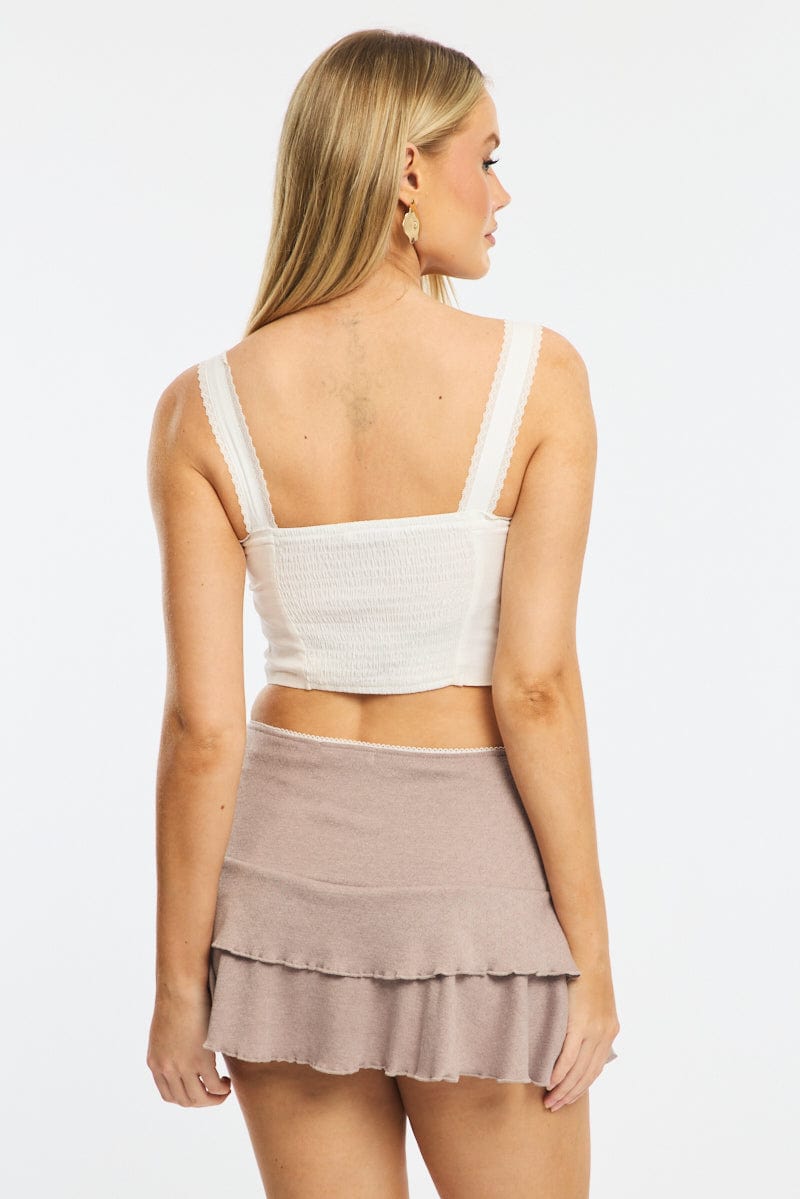 Brown Mini Skirt High Waisted Tiered Pointelle Jersey