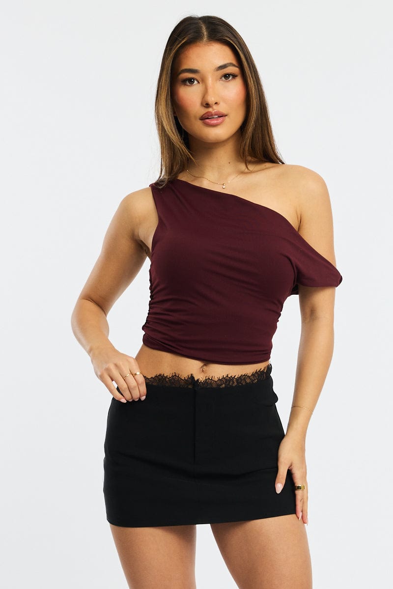 Black Mini Skirt Mid Waisted Bengaline Lace Trim Detail