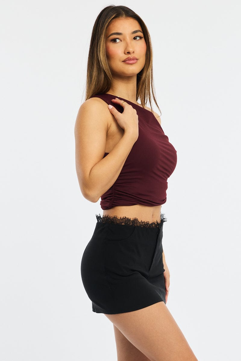Black Mini Skirt Mid Waisted Bengaline Lace Trim Detail