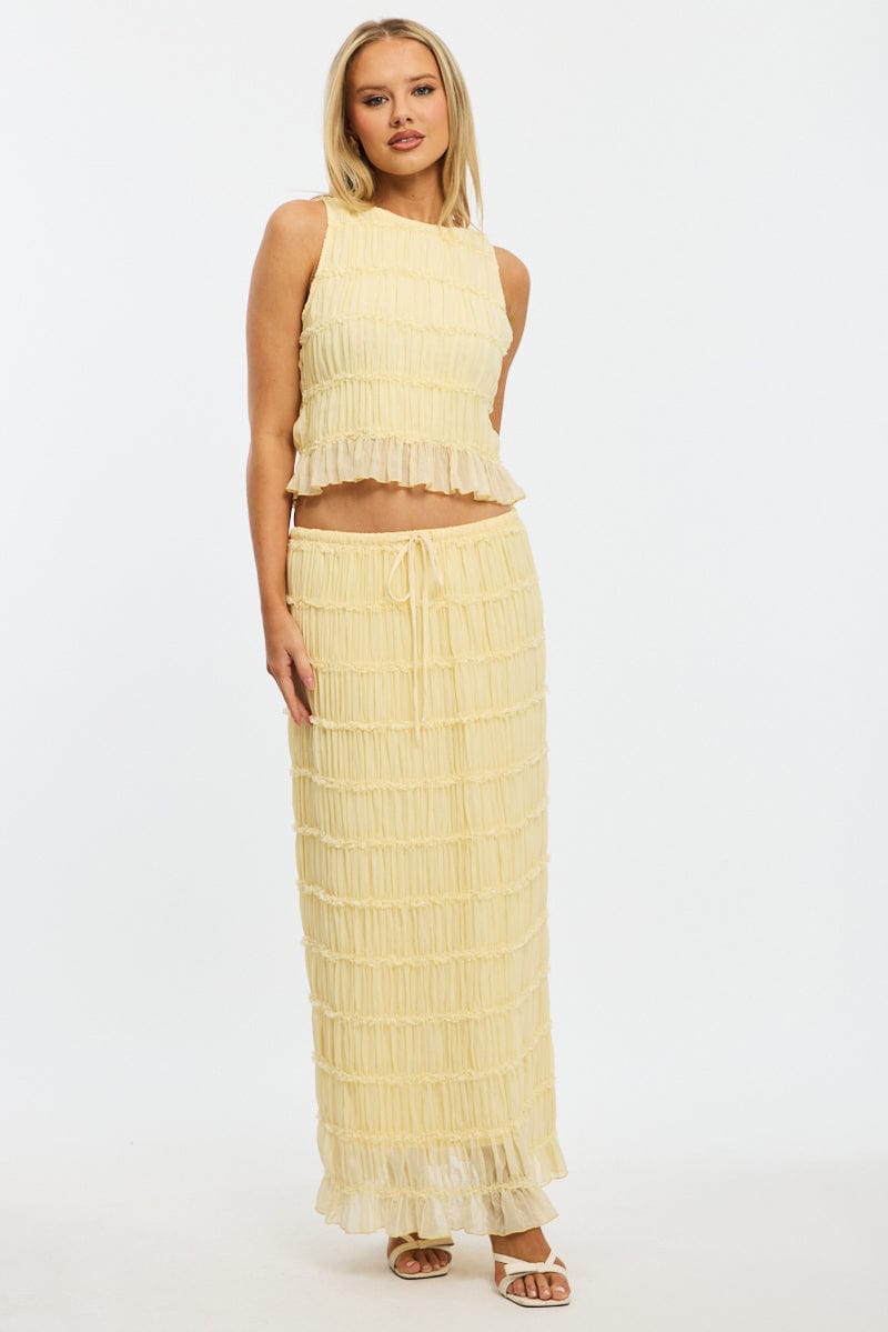 Yellow Textured Maxi Skirt Elastic Waist Lined