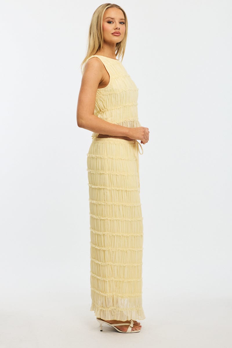 Yellow Textured Maxi Skirt Elastic Waist Lined