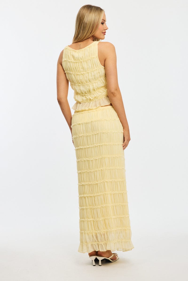Yellow Textured Maxi Skirt Elastic Waist Lined