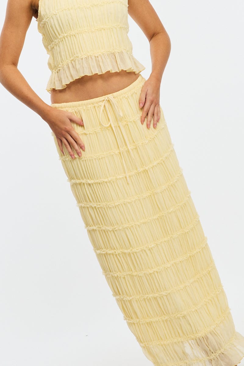 Yellow Textured Maxi Skirt Elastic Waist Lined