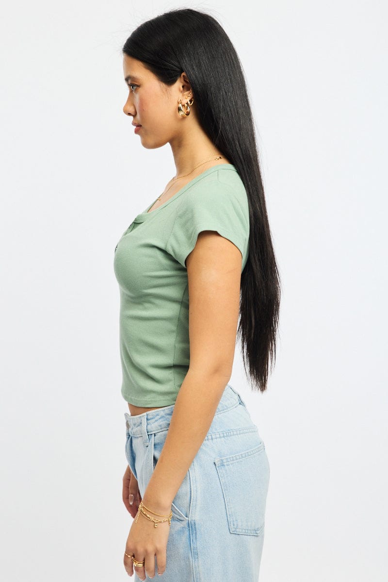 Green Button Down Tee Short Sleeve Rib