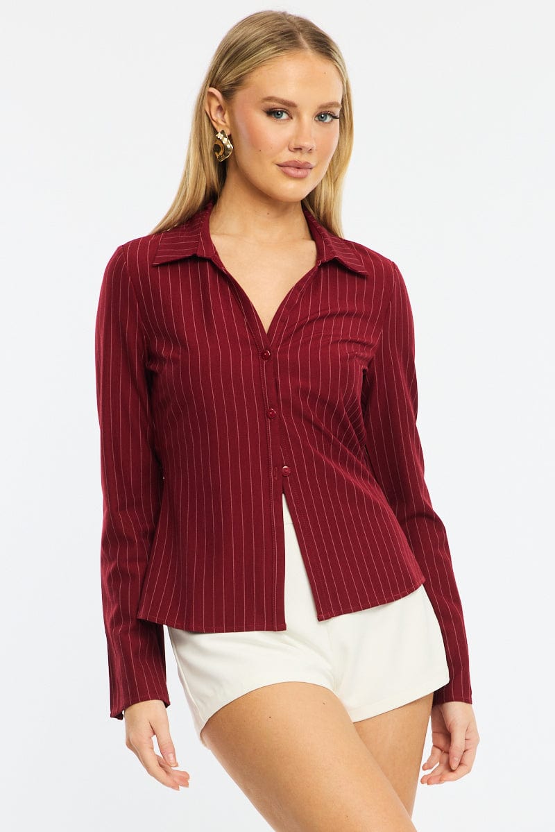 Red Stripe Shirt Long Sleeves Collared Button Up Pinstripe