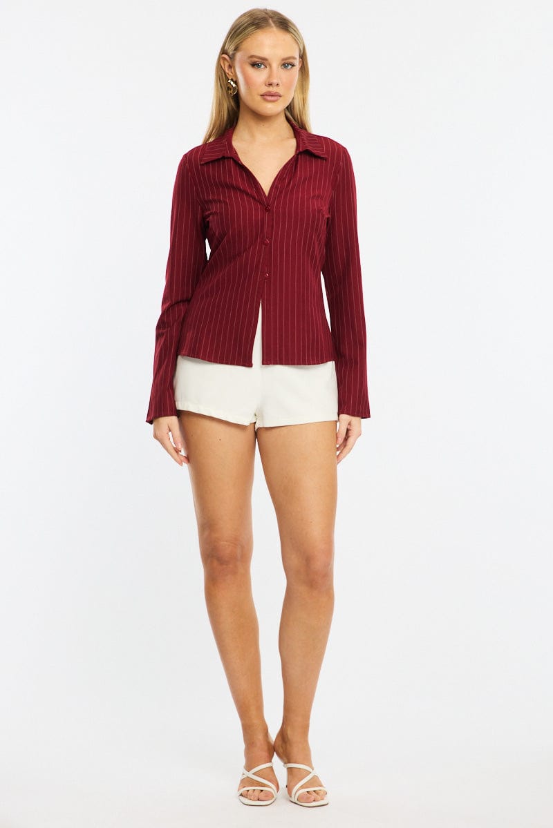 Red Stripe Shirt Long Sleeves Collared Button Up Pinstripe