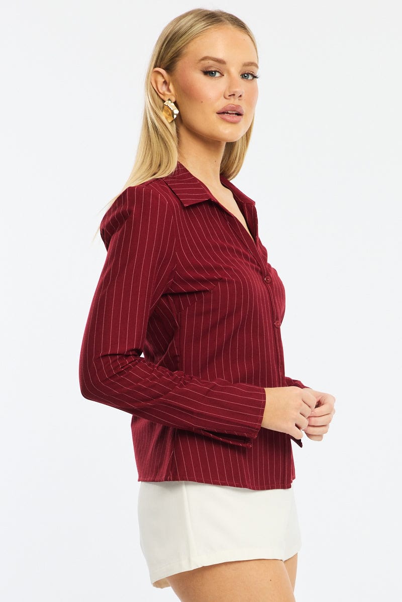 Red Stripe Shirt Long Sleeves Collared Button Up Pinstripe