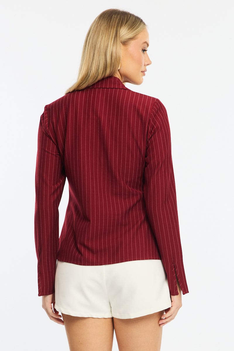 Red Stripe Shirt Long Sleeves Collared Button Up Pinstripe