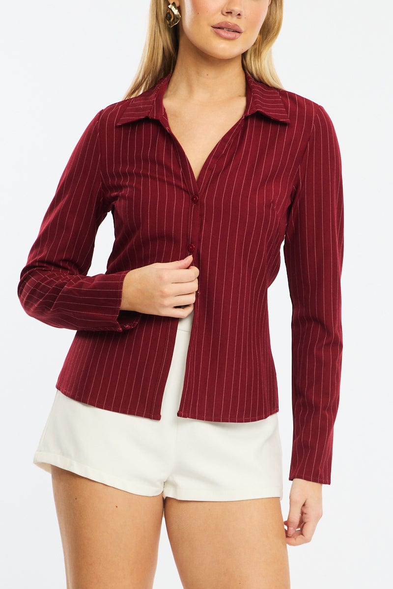 Red Stripe Shirt Long Sleeves Collared Button Up Pinstripe