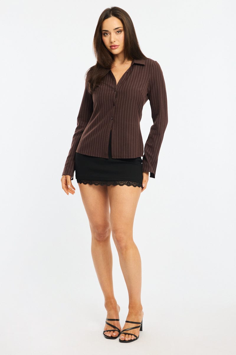 Brown Stripe Shirt Long Sleeves Collared Button Up Pinstripe