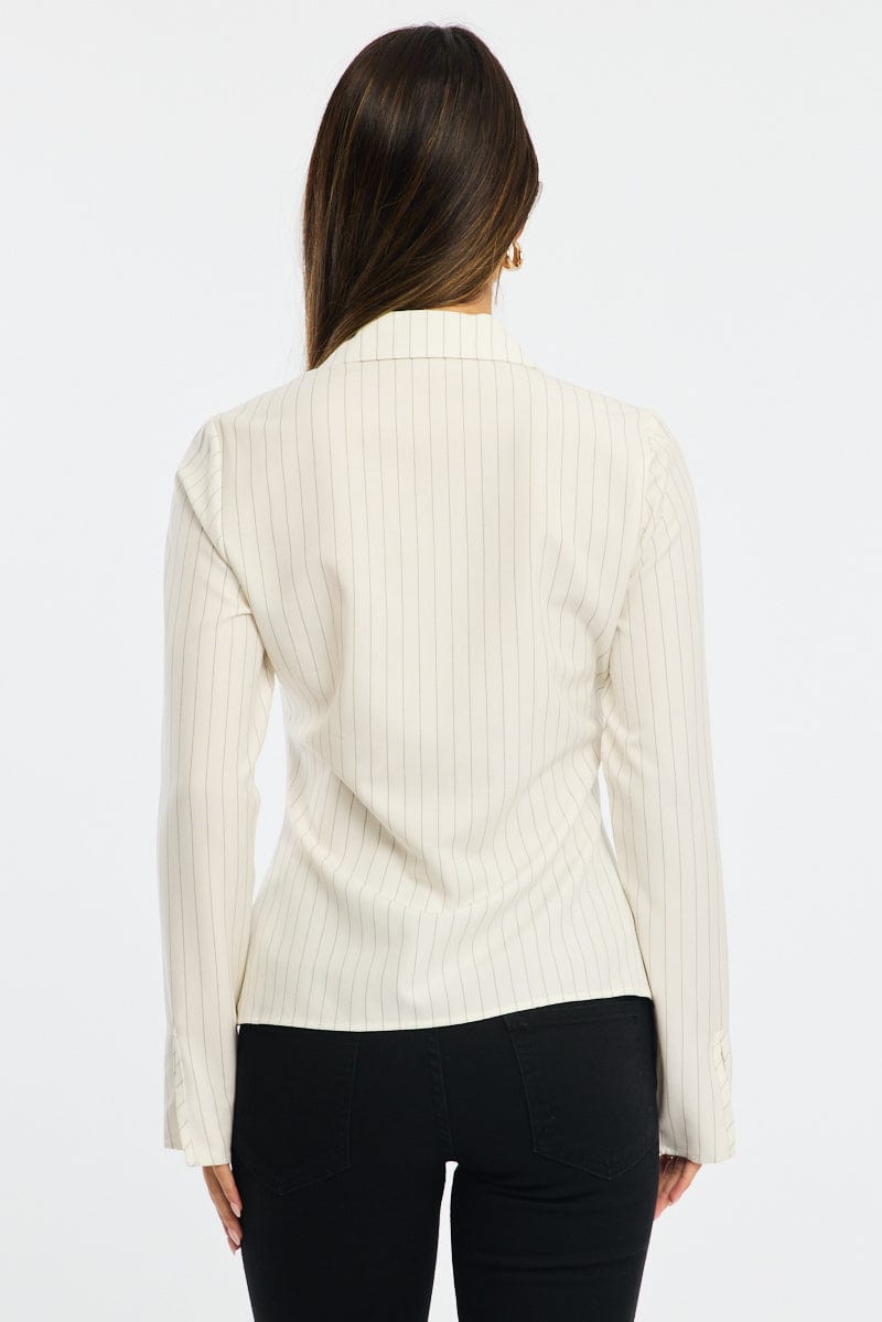 White Stripe Shirt Long Sleeves Collared Button Up Pinstripe