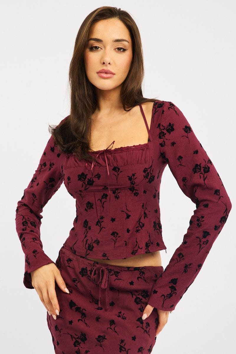 Red Floral Halter Top Long Sleeve Square Neck Lace Tape