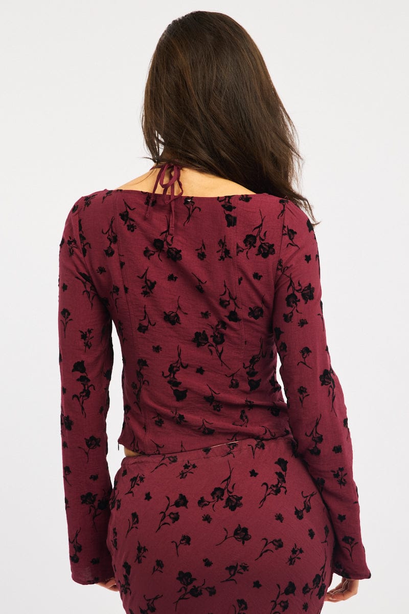 Red Floral Halter Top Long Sleeve Square Neck Lace Tape