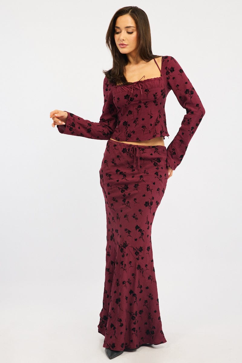 Red Floral Halter Top Long Sleeve Square Neck Lace Tape