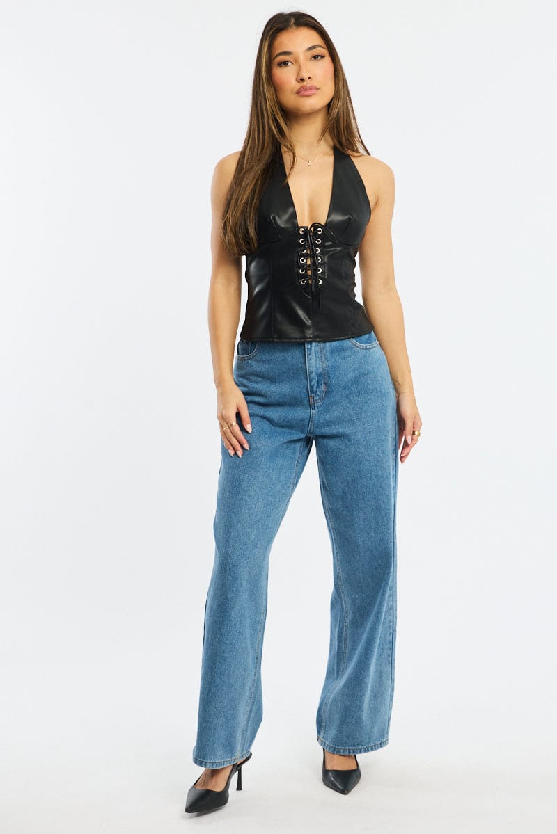 Black Lace Up Top Sleeveless V-neck Pu Faux Leather