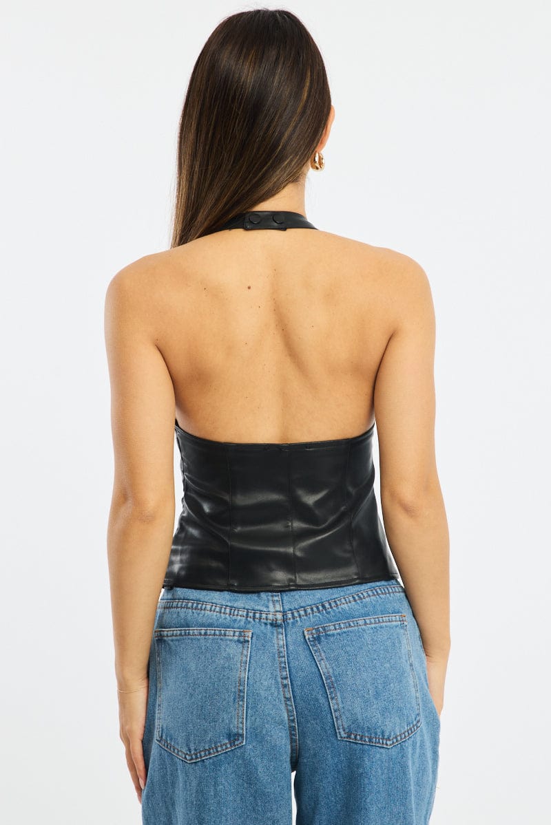 Black Lace Up Top Sleeveless V-neck Pu Faux Leather