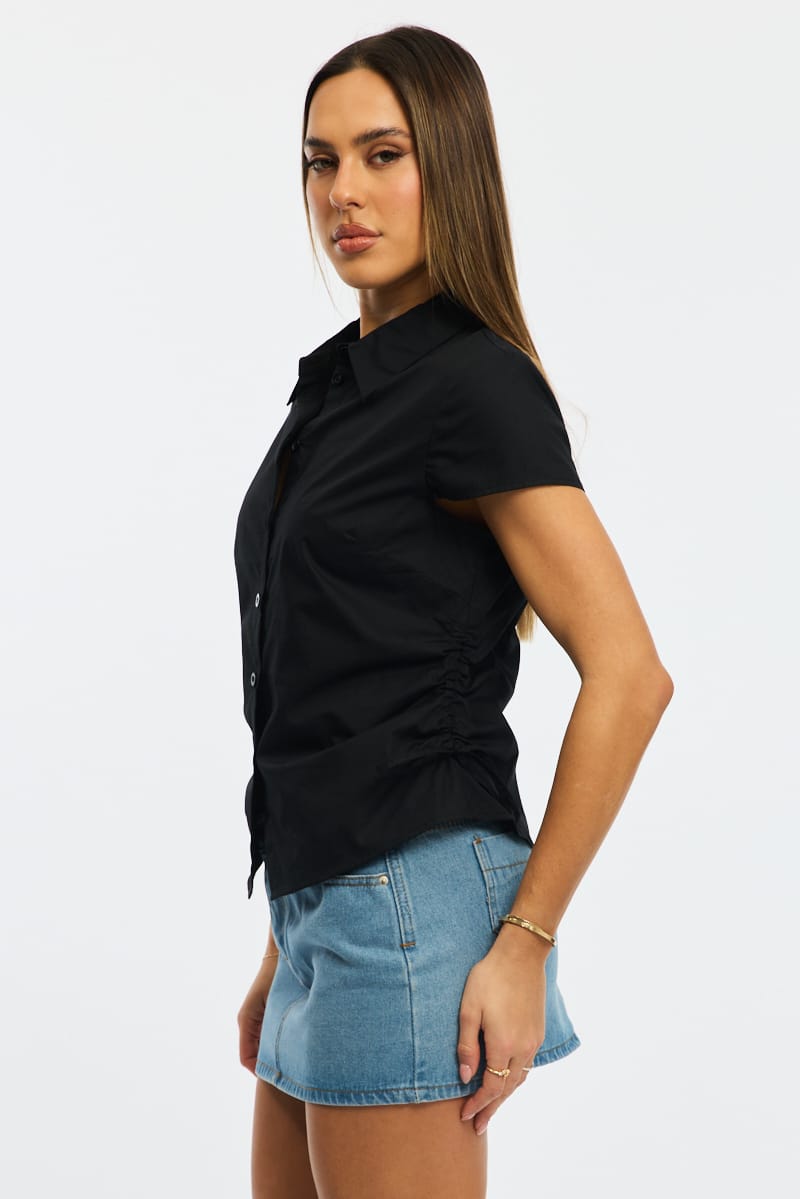 Black Short Sleeve Shirt Collared Side Ruched Button Up