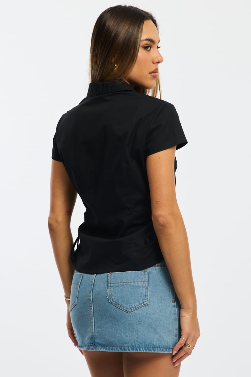 Black Short Sleeve Shirt Collared Side Ruched Button Up