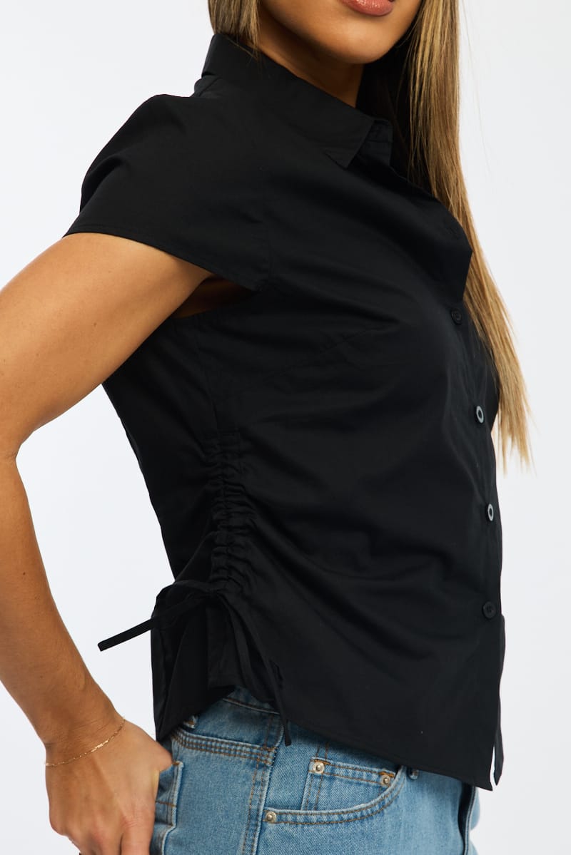 Black Short Sleeve Shirt Collared Side Ruched Button Up