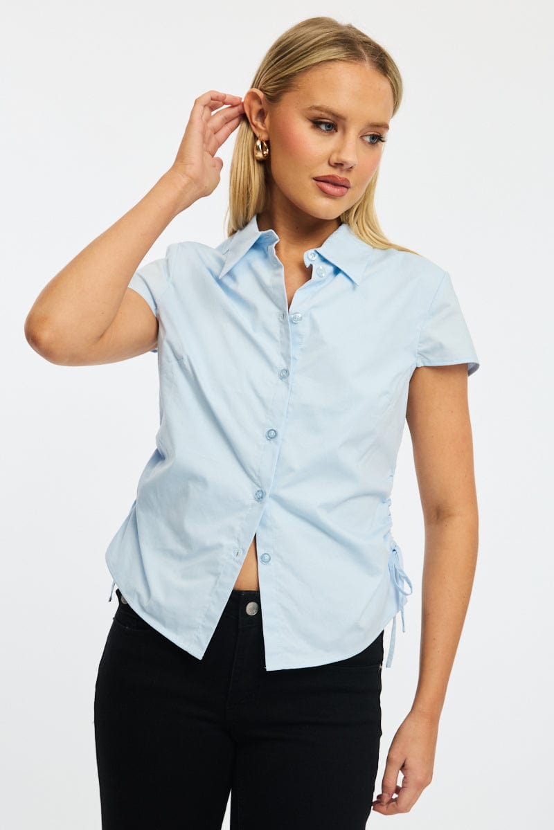 Blue Short Sleeve Shirt Collared Side Ruched Button Up