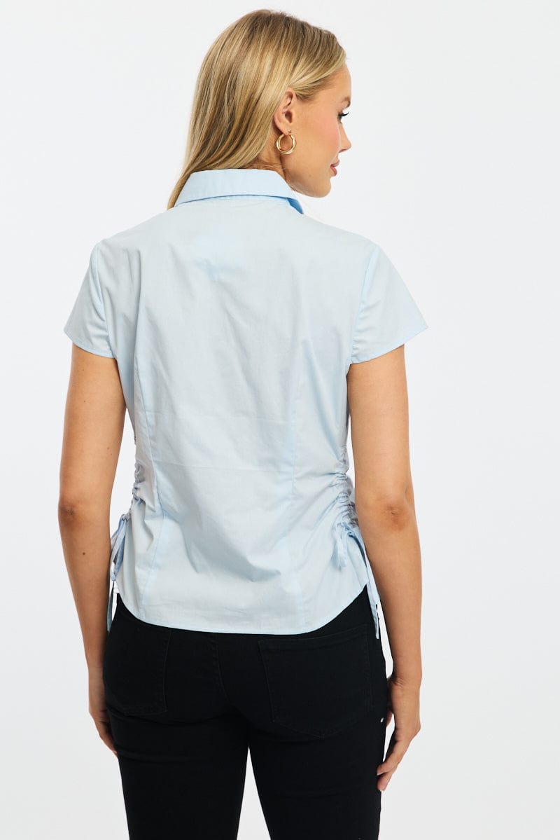 Blue Short Sleeve Shirt Collared Side Ruched Button Up