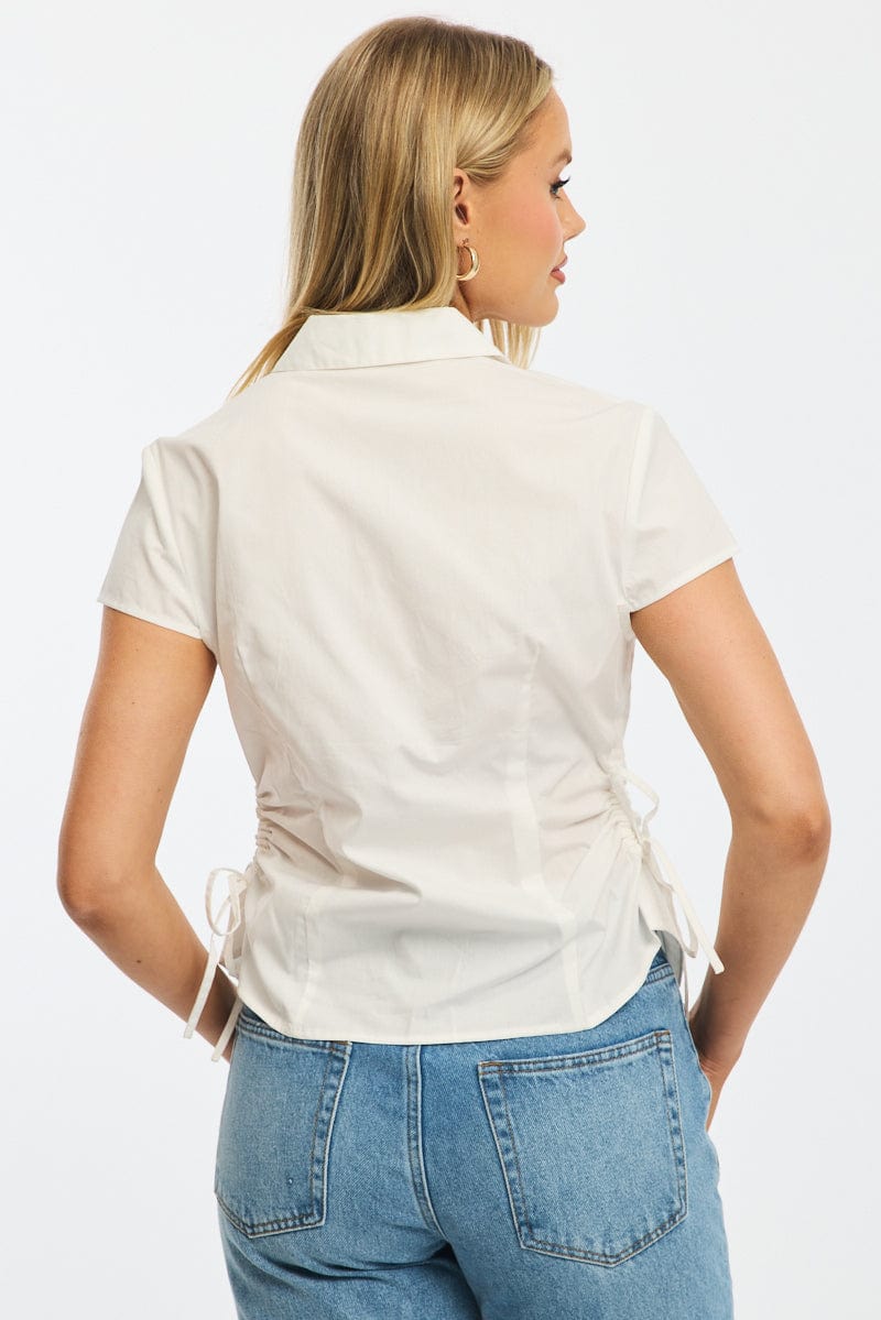 White Short Sleeve Shirt Collared Side Ruched Button Up