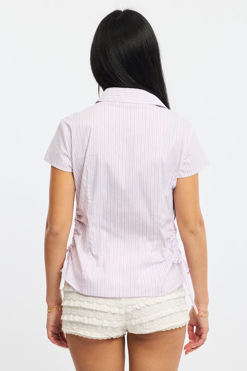 Pink Stripe Short Sleeve Shirt Collared Side Ruched Button Up