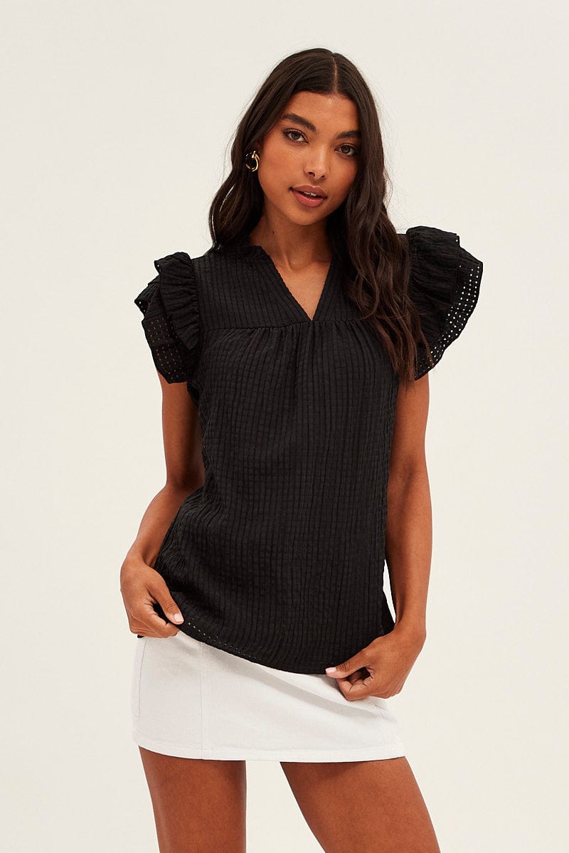 Black Ruffle Sleeve Top for Ally Fashion