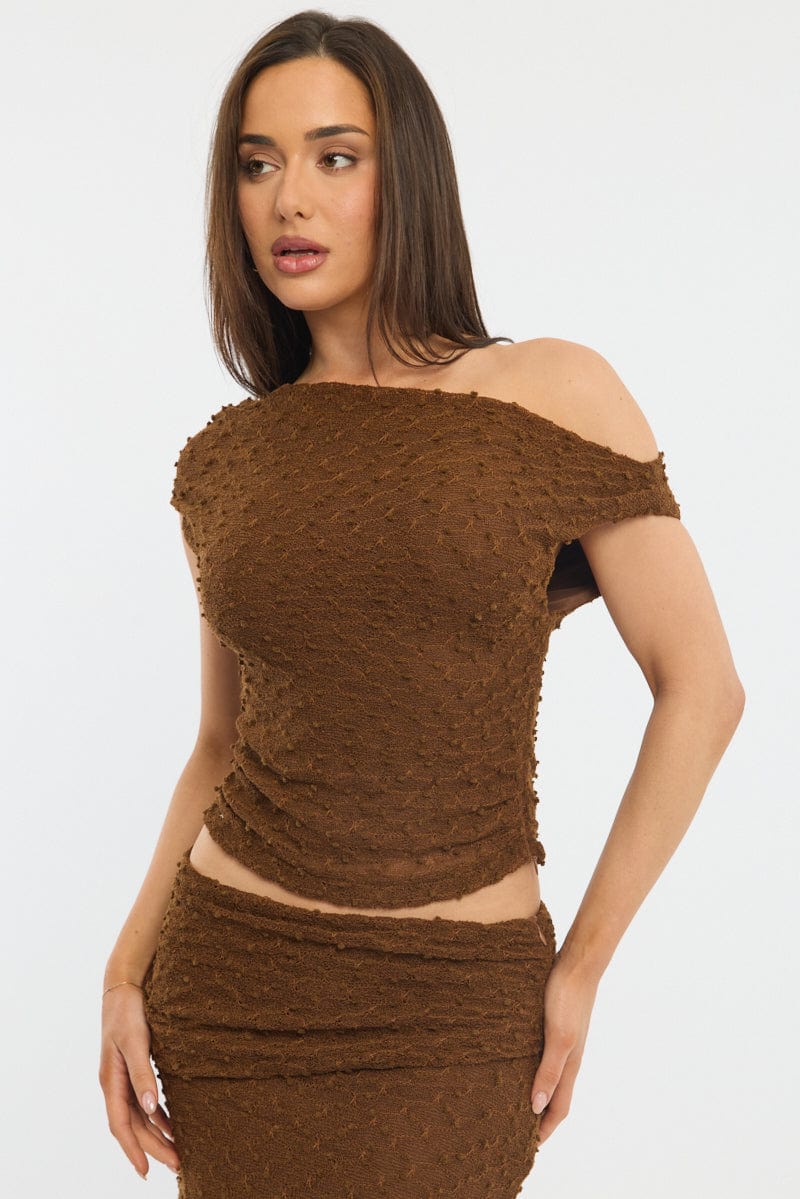 Brown Asymmetric Top Sleeveless One Shoulder Textured