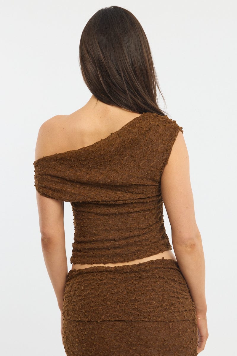 Brown Asymmetric Top Sleeveless One Shoulder Textured