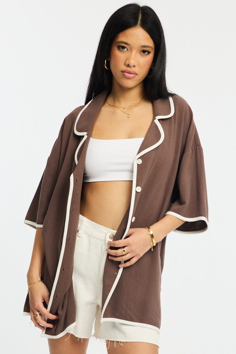 Brown Bias Lapel Shirt Short Sleeve Relaxed Linen Blend