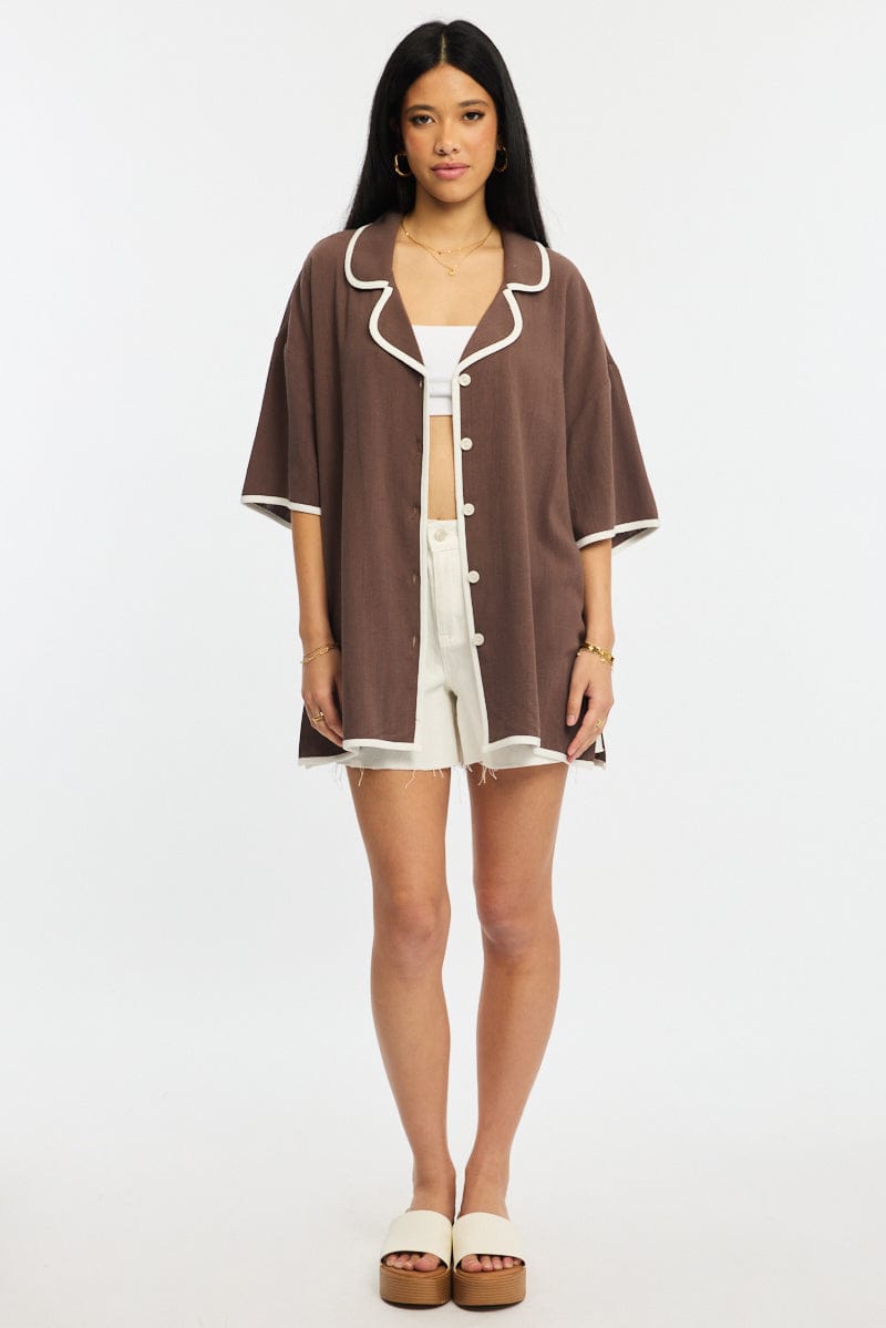 Brown Bias Lapel Shirt Short Sleeve Relaxed Linen Blend
