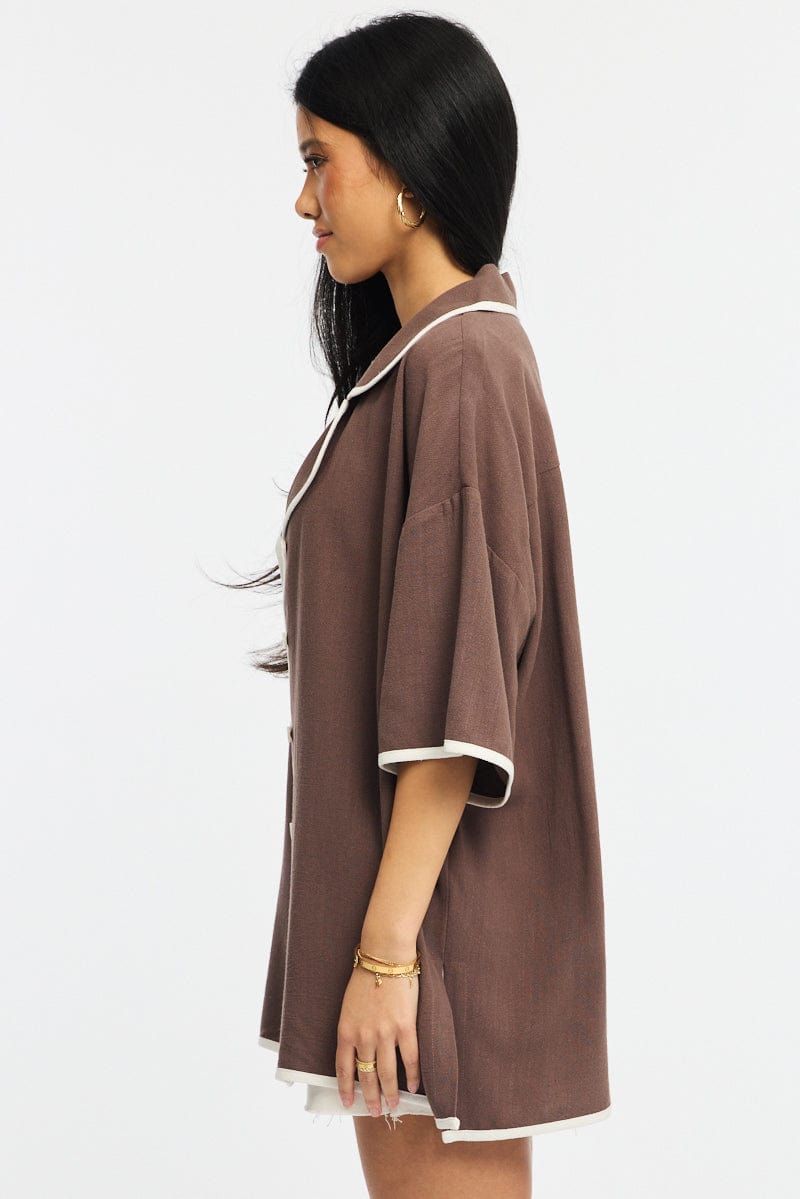 Brown Bias Lapel Shirt Short Sleeve Relaxed Linen Blend