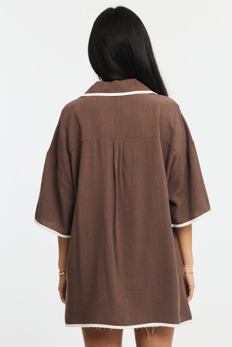 Brown Bias Lapel Shirt Short Sleeve Relaxed Linen Blend