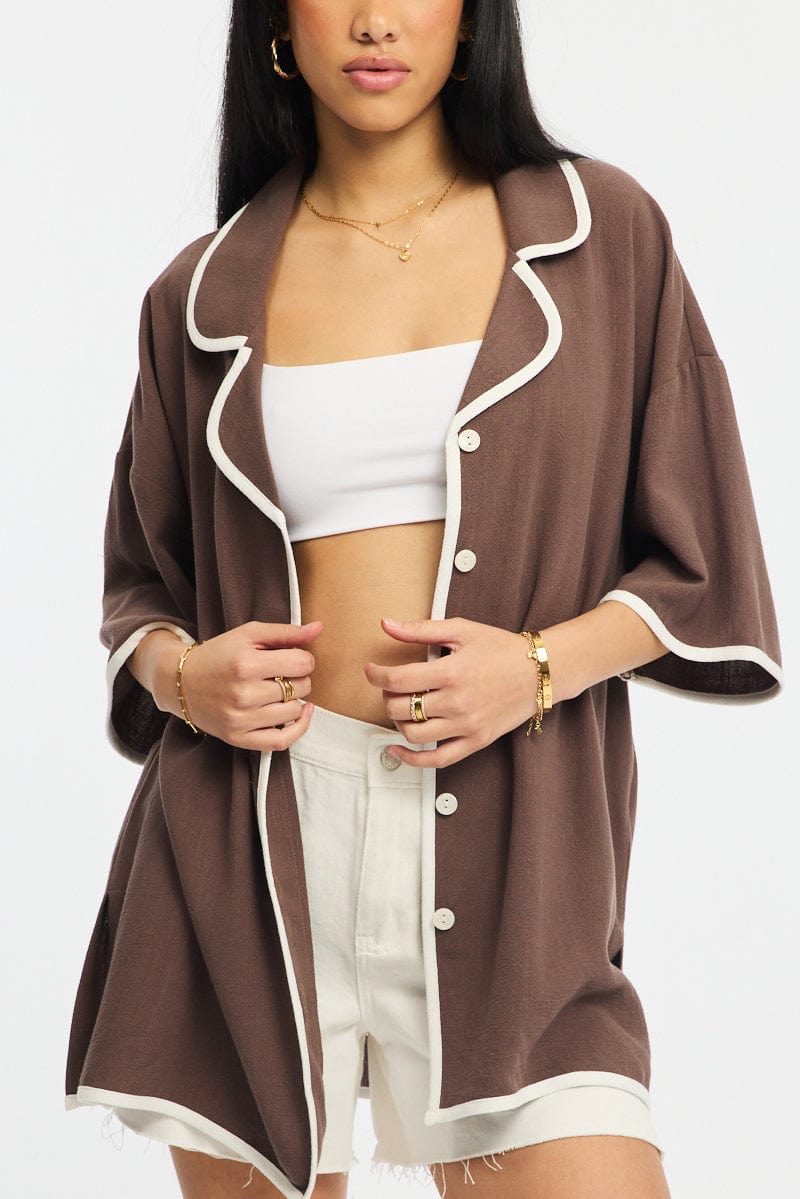 Brown Bias Lapel Shirt Short Sleeve Relaxed Linen Blend