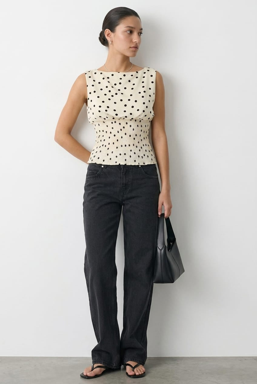 White Polka-Dot High-Neck Ruched Waist Blouse Sleeveless from Ally Fashion