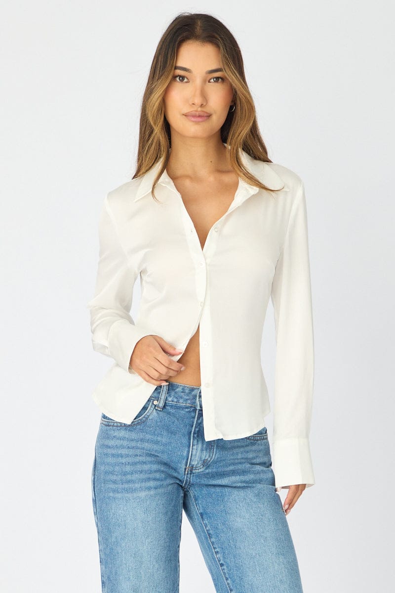 White Satin Shirt Long Sleeve Collar