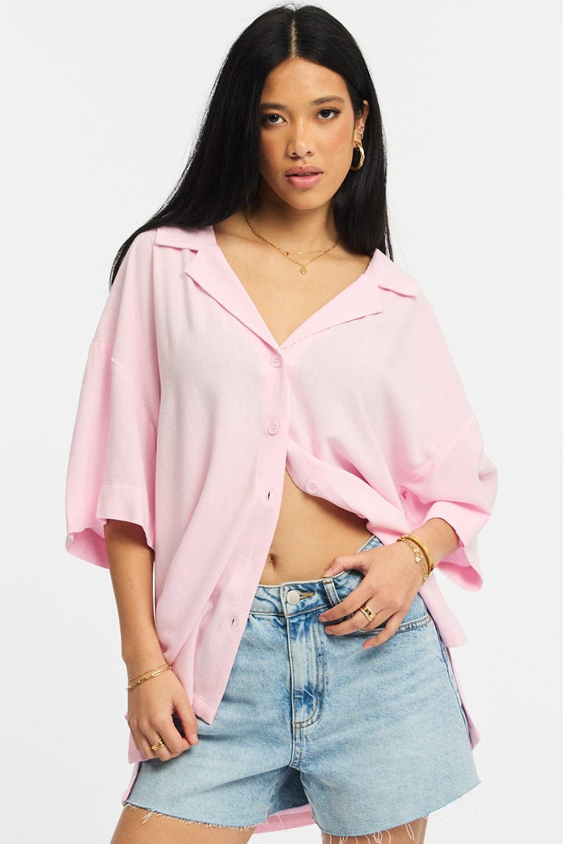 Pink Relaxed Shirt Short Sleeve Collared Linen Blend