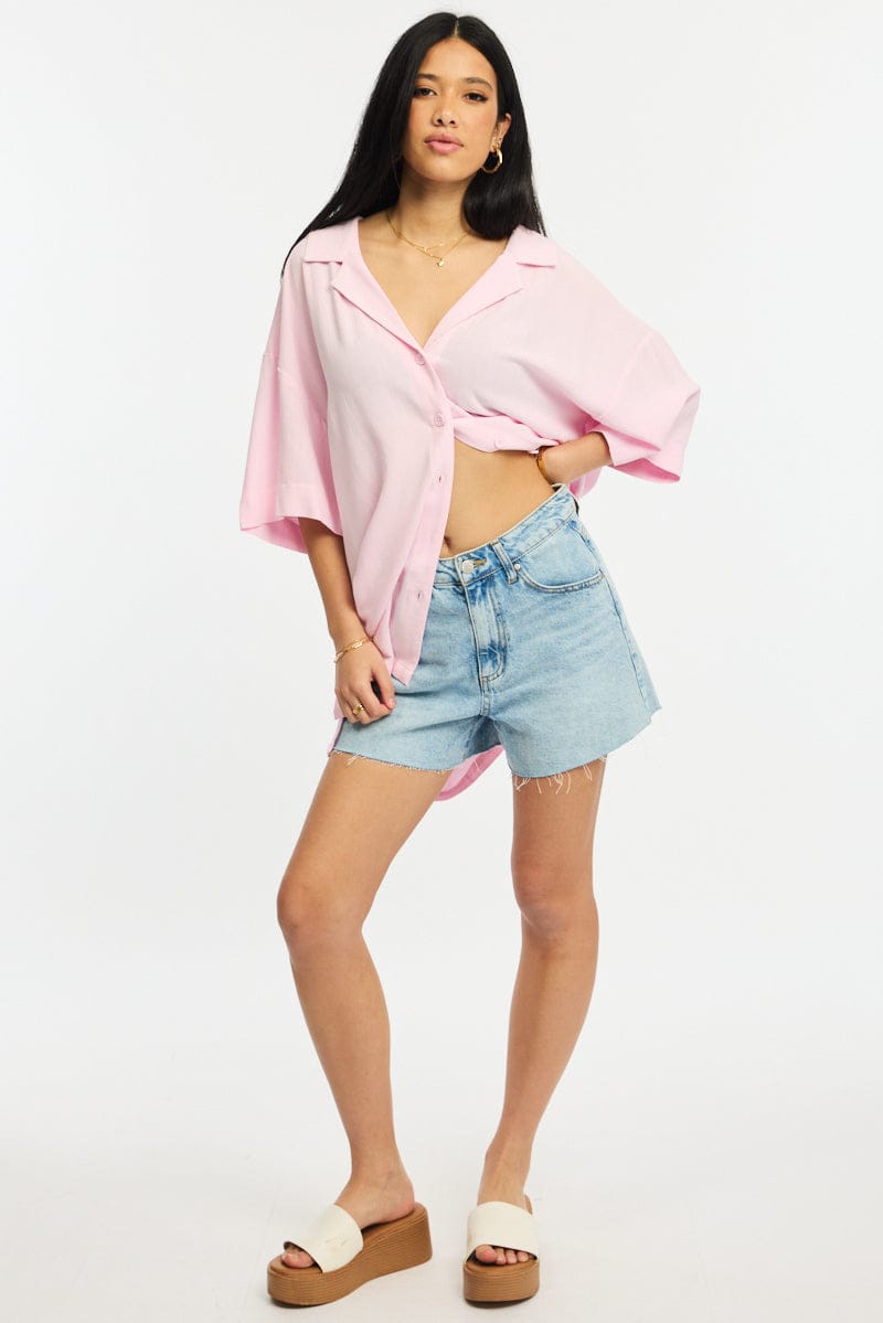 Pink Relaxed Shirt Short Sleeve Collared Linen Blend