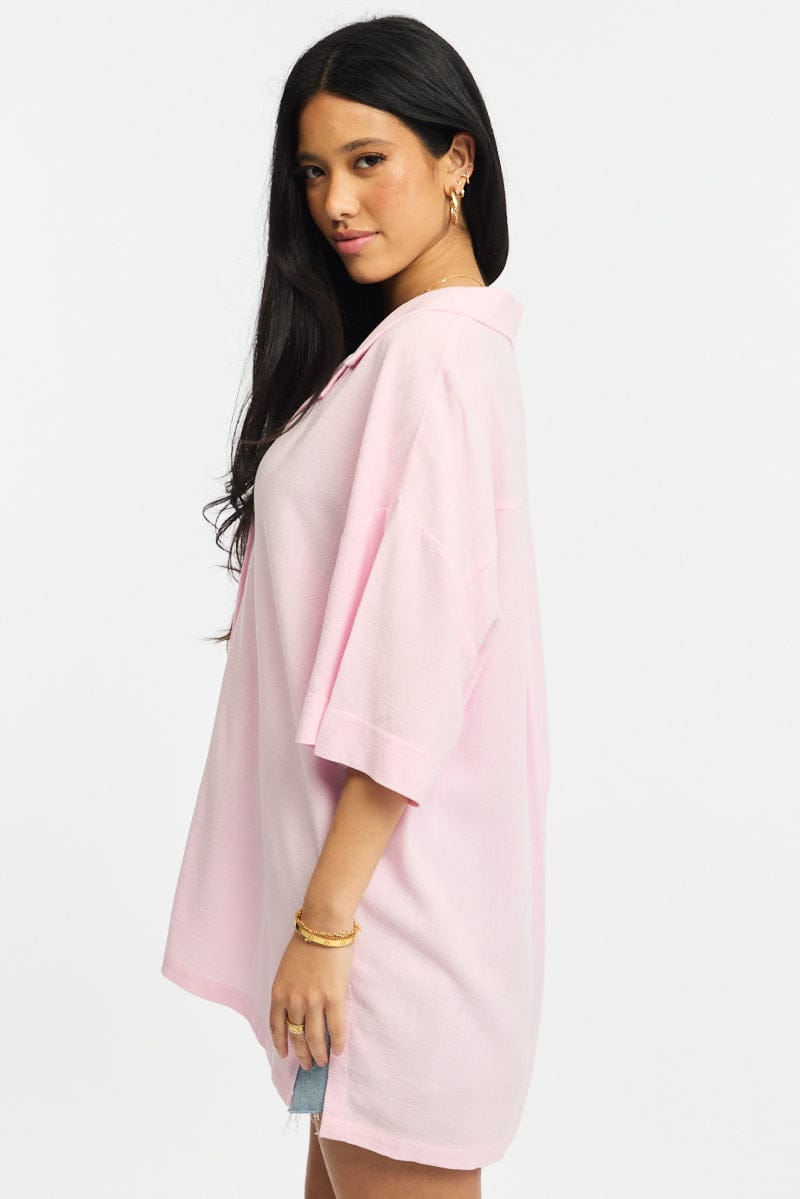 Pink Relaxed Shirt Short Sleeve Collared Linen Blend
