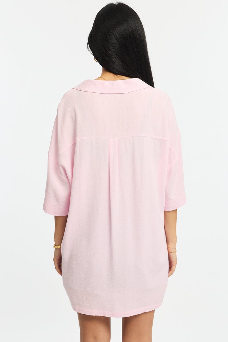 Pink Relaxed Shirt Short Sleeve Collared Linen Blend