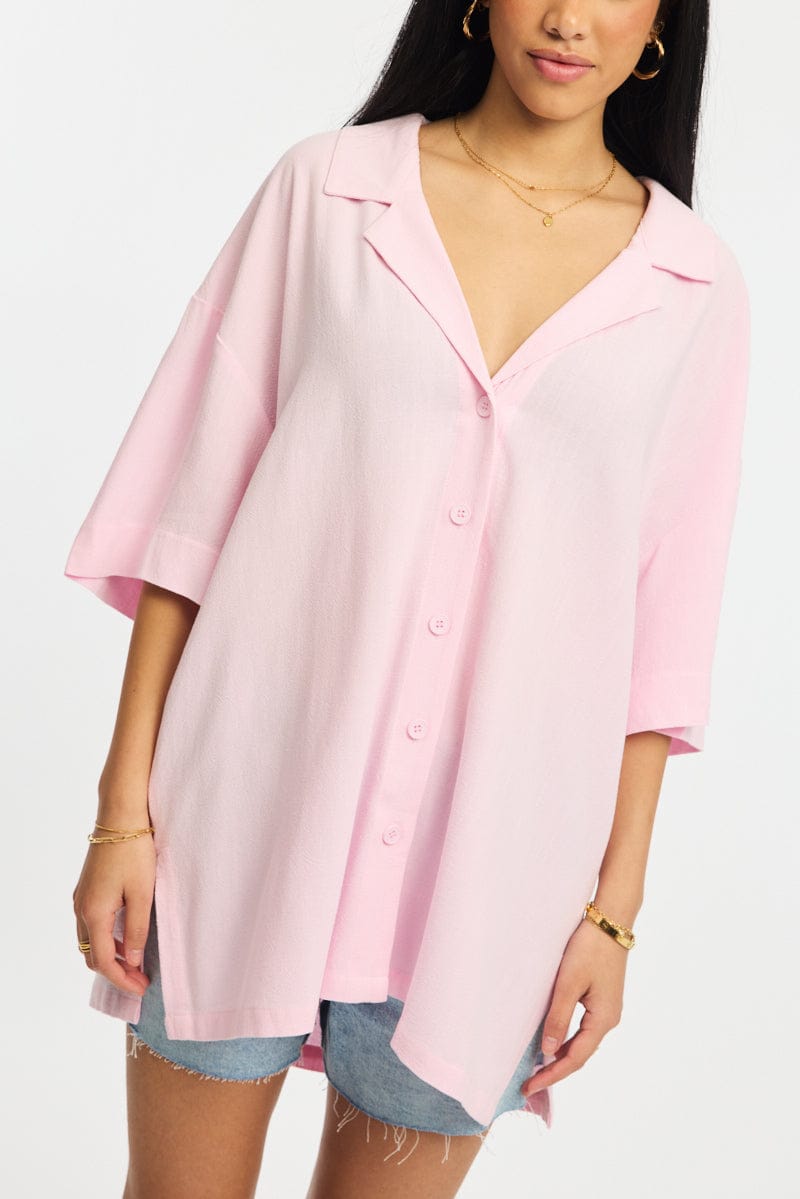 Pink Relaxed Shirt Short Sleeve Collared Linen Blend