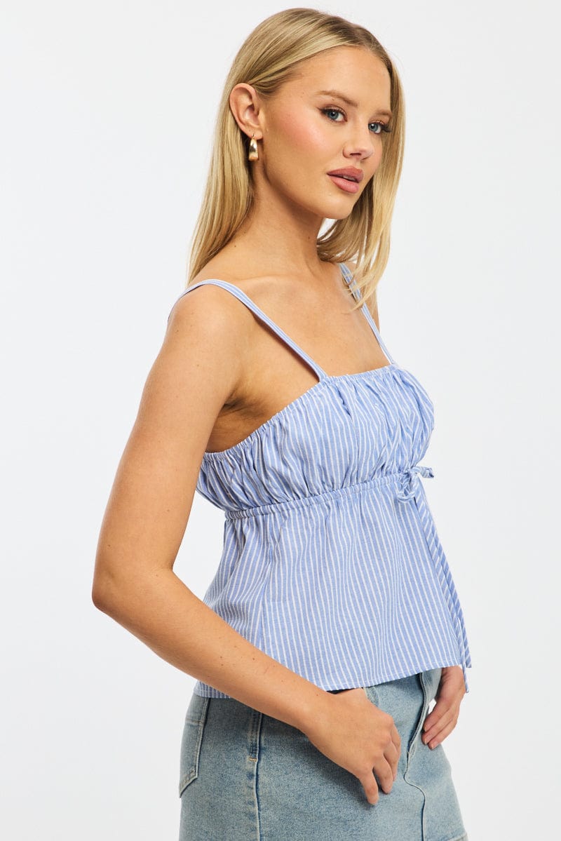 Blue Stripe Cami Top Sleeveless Front Tie Babydoll