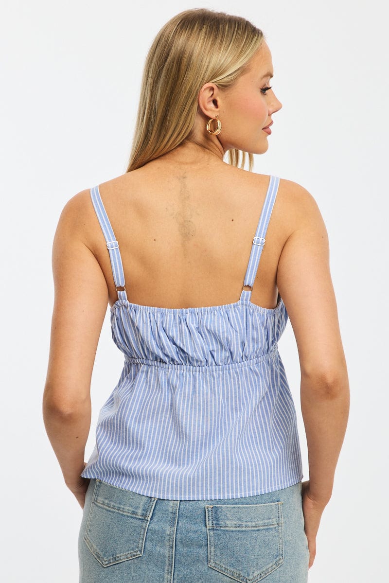 Blue Stripe Cami Top Sleeveless Front Tie Babydoll
