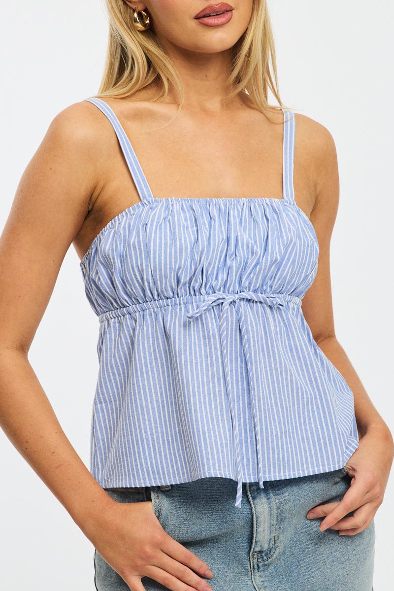 Blue Stripe Cami Top Sleeveless Front Tie Babydoll