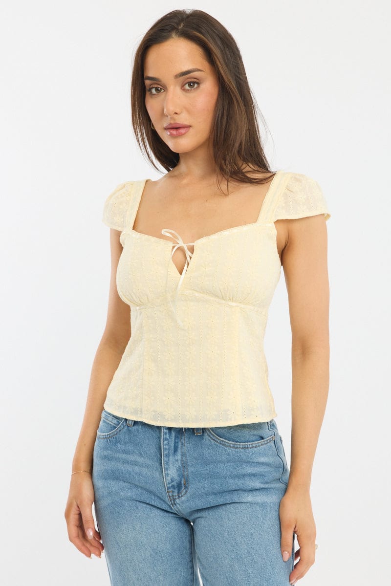 Yellow Eyelet Top Cap Sleeve Sweetheart Neckline Broderie